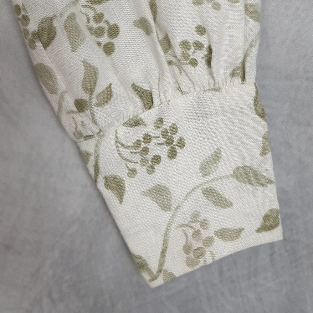Reformation Blouse Womens 0 White Green Floral Linen Square Neck Puff Sleeve